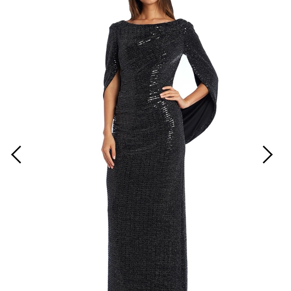 R&M Richards Blue Sequin Asymmetrical Gown high Neck 3/4 Sleeve Zip Back Sz 10